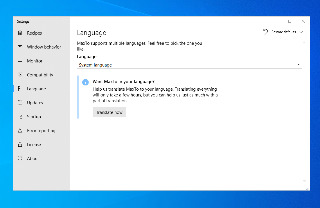 Language settings in the MaxTo user interface