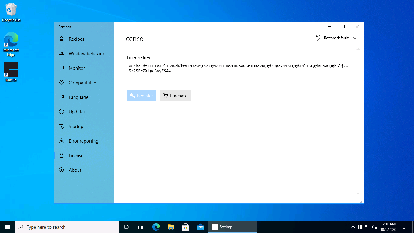 License settings in the MaxTo user interface. The Validate button lights up when you have typed a valid license key.