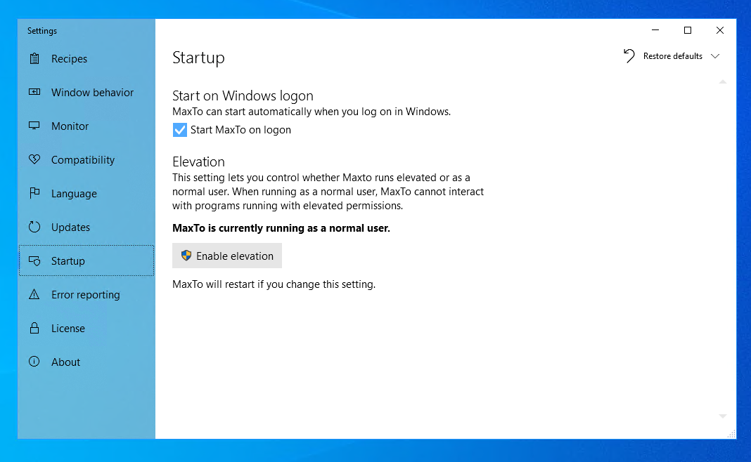 Startup settings in the MaxTo user interface