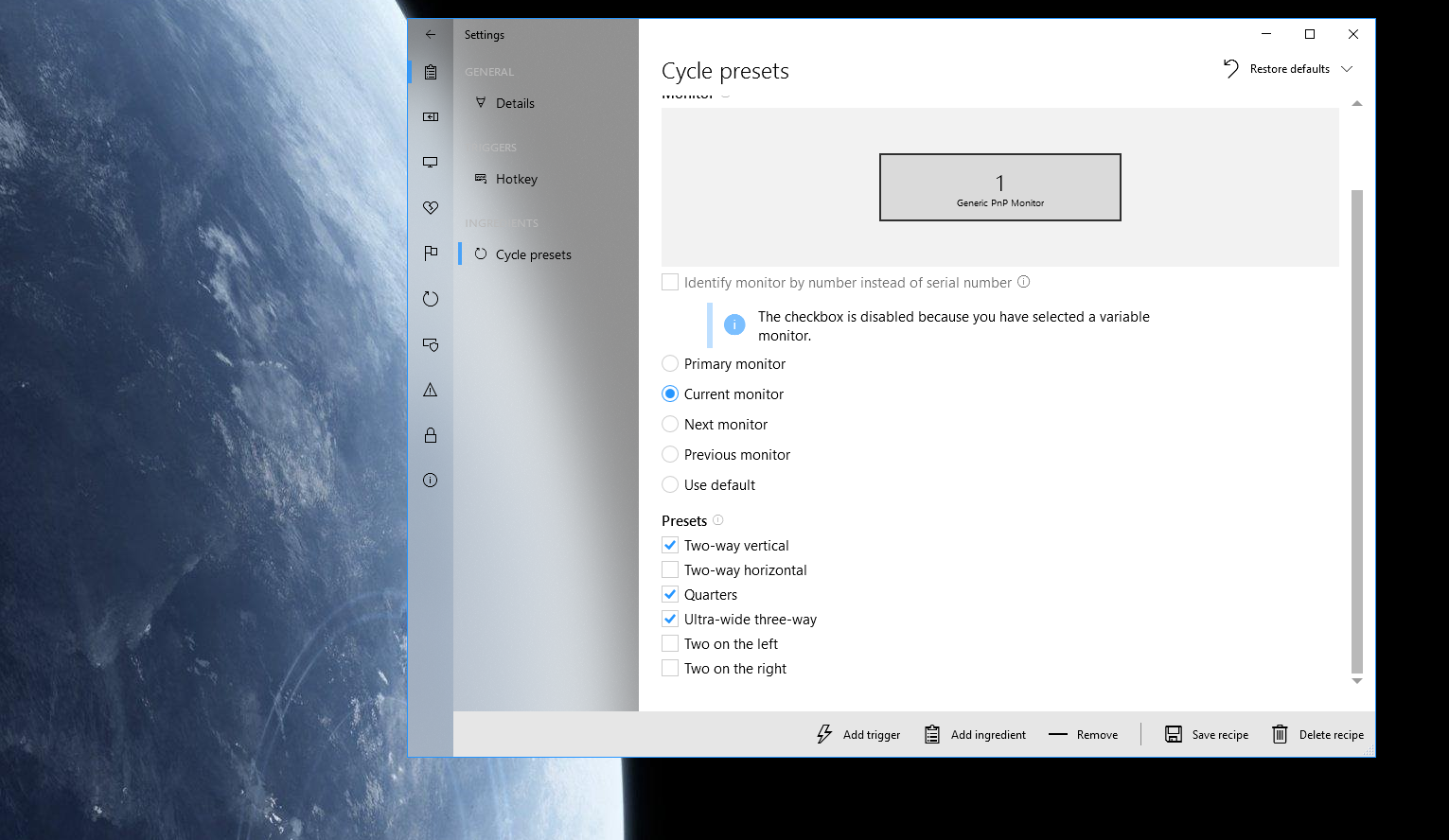 MaxTo's settings window showing the cycle presets editor.